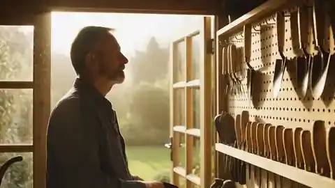 A grey-haired man in a wooden toolshed lifting a garden trowel off a pegboard of hand tools