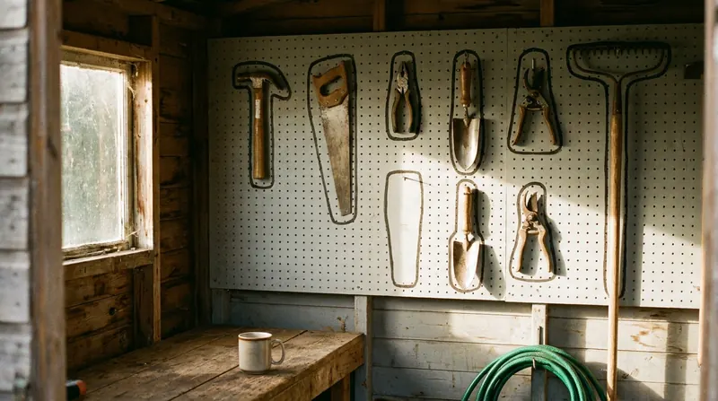 A pegboard wall of hand tools in a wooden shed, each inside a painted outline, with one outline empty