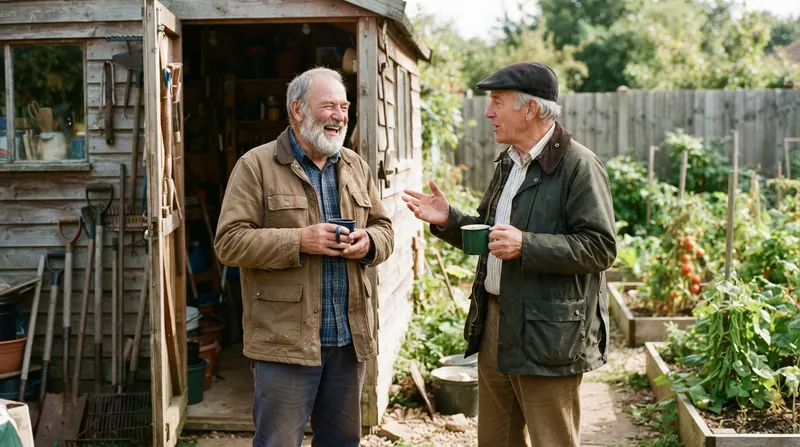 Two older men talking and laughing with coffee mugs at the open door of a garden toolshed