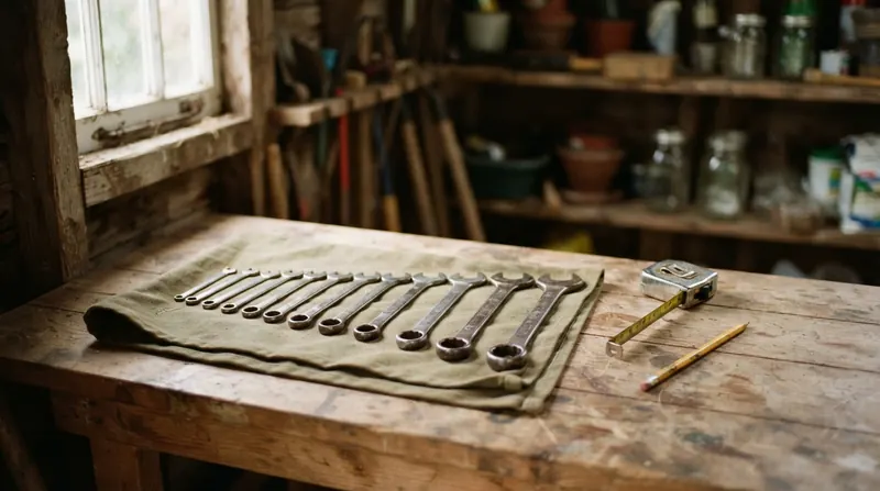 A row of steel wrenches laid out from smallest to largest on a canvas cloth on a workbench