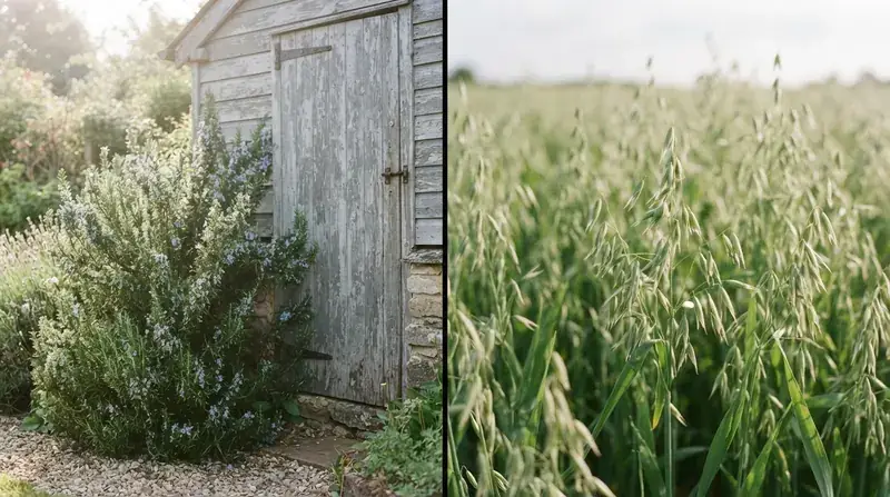 A rosemary bush beside a weathered shed door and young green oat heads in a field, split down the middle