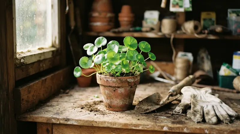 A clay pot of fan-shaped gotu kola leaves on a potting bench beside a trowel and work gloves