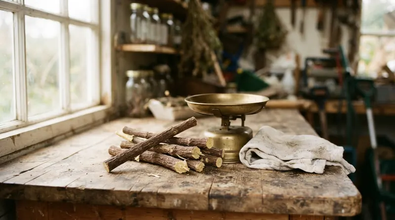Dried licorice root sticks on a worn workbench beside a small brass kitchen scale