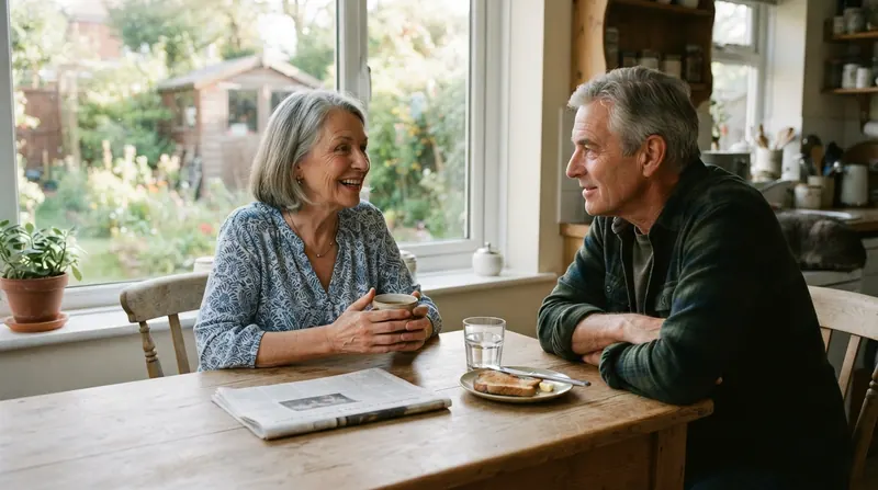 An older couple talking across a kitchen table by a window that looks out on the garden and shed