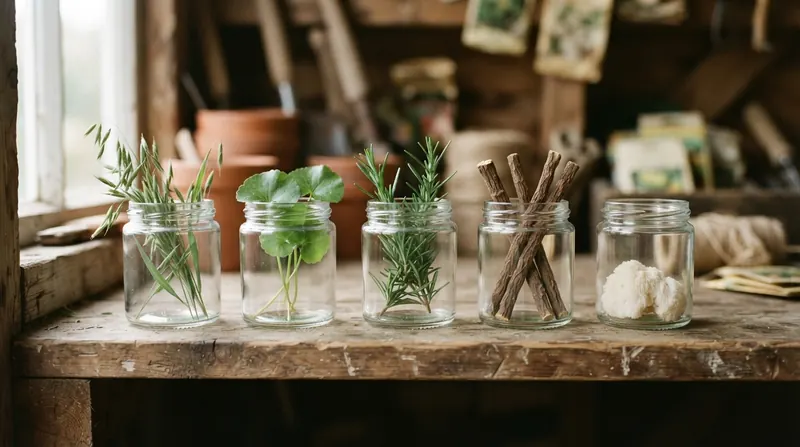 Five small glass jars on a shed shelf holding oat heads, gotu kola, rosemary, licorice root and lion's mane
