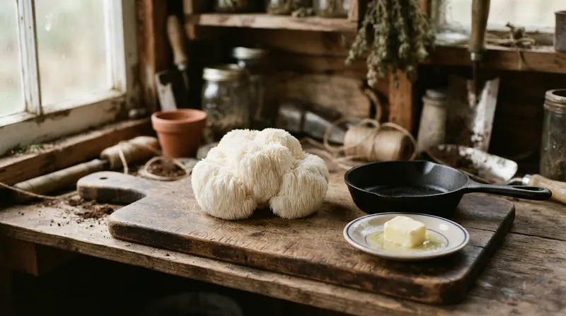 A fresh white lion's mane mushroom on a cutting board beside a small cast iron skillet