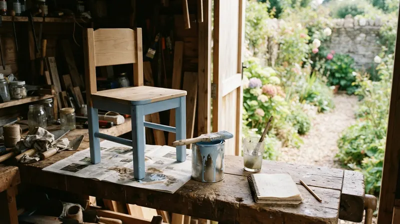A half-painted pale blue chair on a shed workbench beside a glass of water and an open notebook