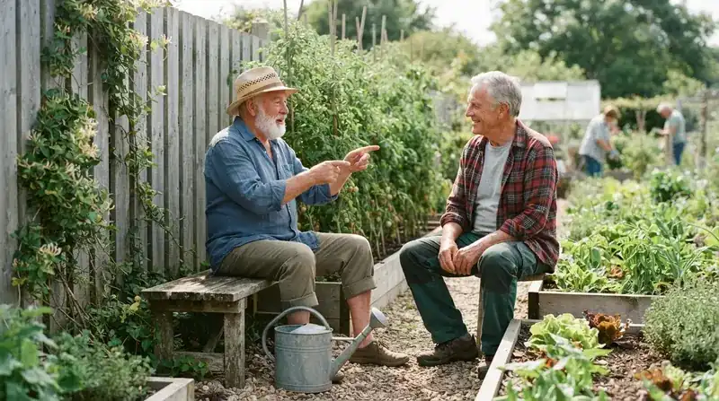 Two older men talking on a garden bench beside the vegetable beds, one pointing at the tomato plants