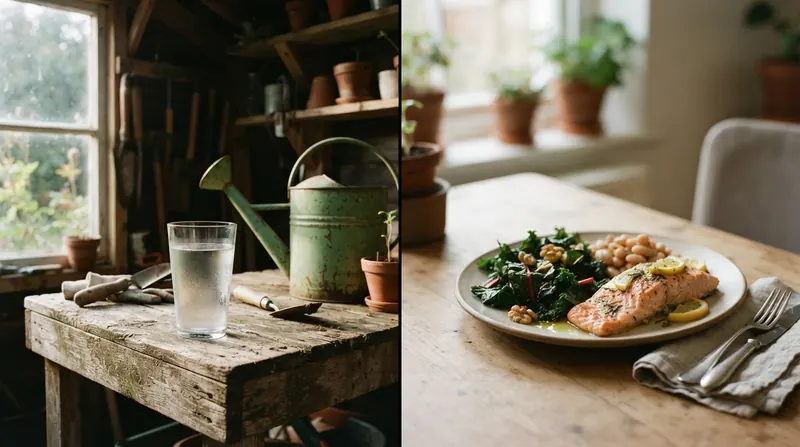 A glass of water on a shed bench beside a watering can and a plate of salmon, beans and greens, split in two