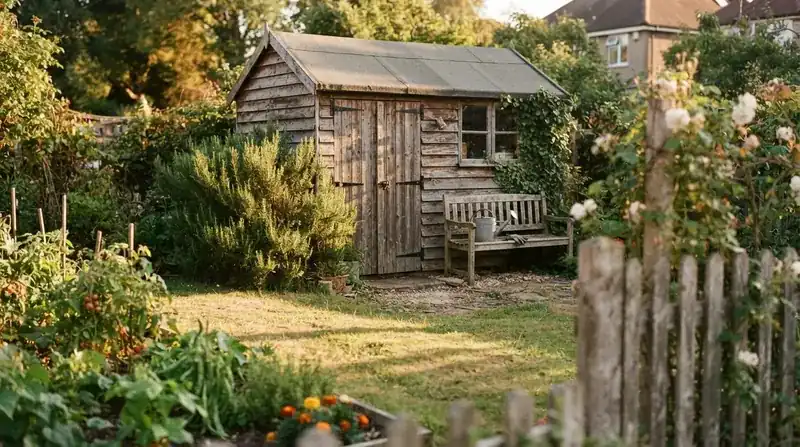A small wooden toolshed with closed doors and a rosemary bush beside it in late afternoon light