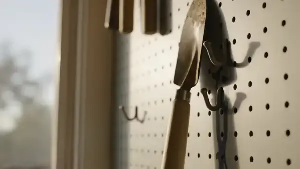 A hand hanging a garden trowel back inside its painted outline on a pegboard