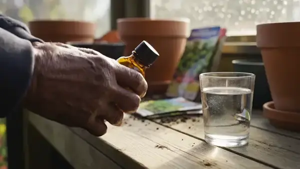A hand shaking a small amber bottle three times and setting it down beside a glass of water on a bench