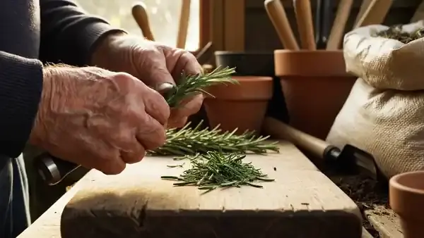 Hands stripping and chopping fresh rosemary leaves on a wooden board in a garden shed