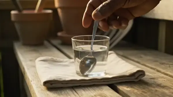 A hand stirring a clear glass of water with a teaspoon on a potting bench