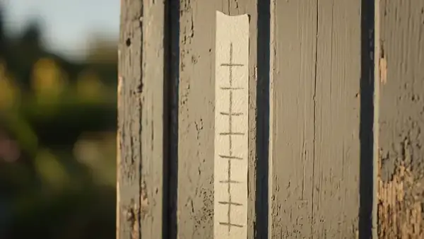 A hand making a pencil tally mark on a strip of tape on a shed door frame